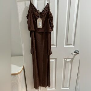 Marcel Off Shoulder Diamante Maxi Dress - Chocolate